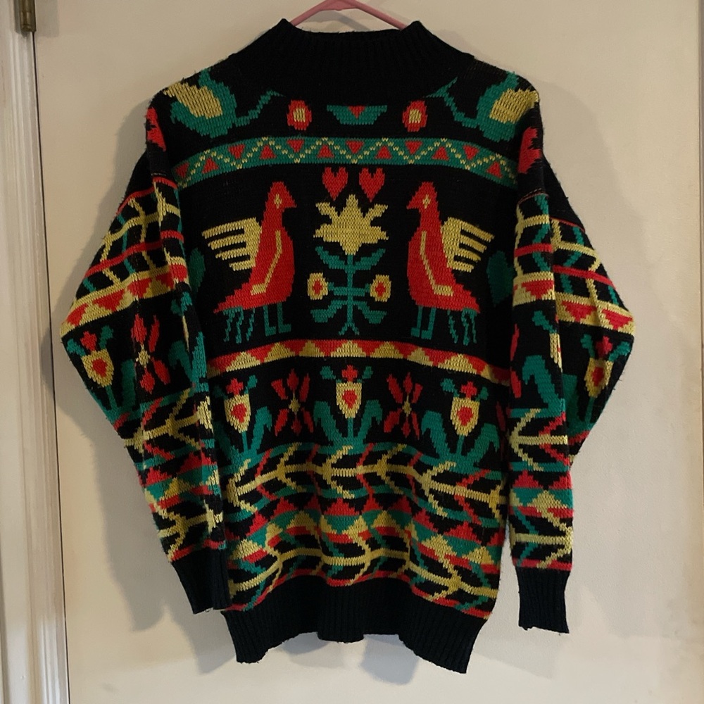 90s vintage colorful sweater with bird and flower print